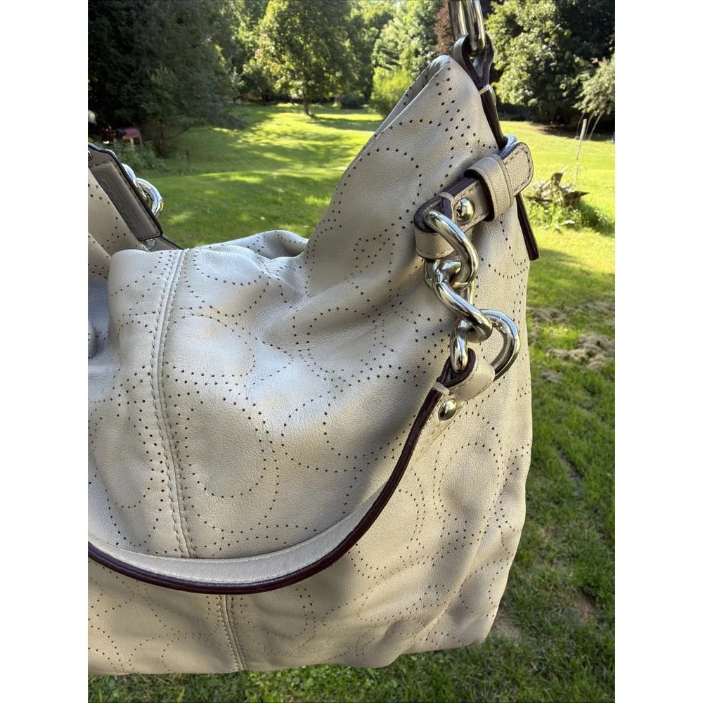 COACH Brooke Dove Gray Leather Perforated Signature Hobo Purse Boho